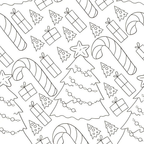 Modèle Vectoriel Sans Couture Avec Canne Bonbons Cadeaux Coloriage Fond — Image vectorielle