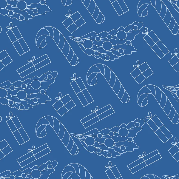 Patrón Vector Sin Costuras Con Bastón Caramelo Regalos Patrón Azul — Archivo Imágenes Vectoriales