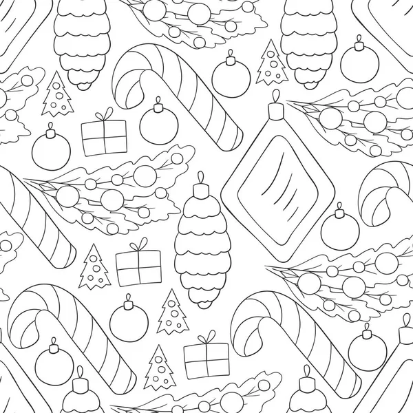 Çubuklu kusursuz vektör deseni, Noel ağacı süslemeleri. Tek renkli desen elde çizim tarzında. Kumaş, ambalaj vesaire için kullanılabilir