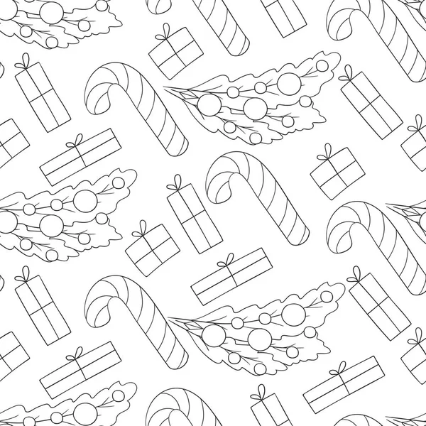 Şekerli kusursuz vektör deseni, hediyeler. Renkli desen el çizimi tarzında. Noel arkaplanı. Kumaş, ambalaj kağıdı vesaire için kullanılabilir