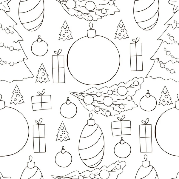 Modèle Vectoriel Sans Couture Avec Décorations Arbres Noël Cadeaux Coloriage — Image vectorielle