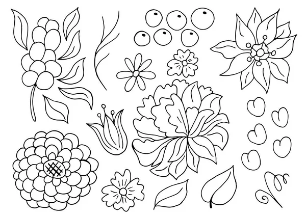 Коллекция Монохромных Цветочных Элементов Цветы Листья Стиле Ручной Работы Элементы — стоковый вектор