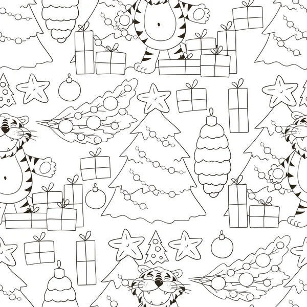 Kaplan 2022 yılı için kusursuz vektör deseni. Kalıplar el çekme tarzında. Kaplan, Renkli, Hediyeler