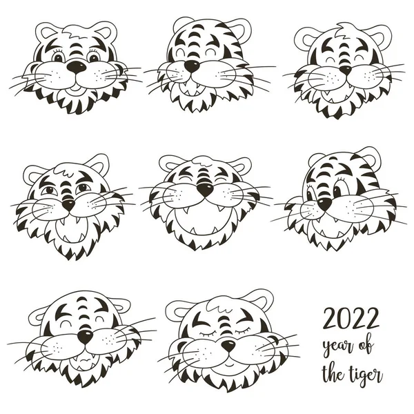 Tigrarnas Ansikten Symbol För 2022 Uppsättning Tigrar Hand Rita Stil — Stock vektor