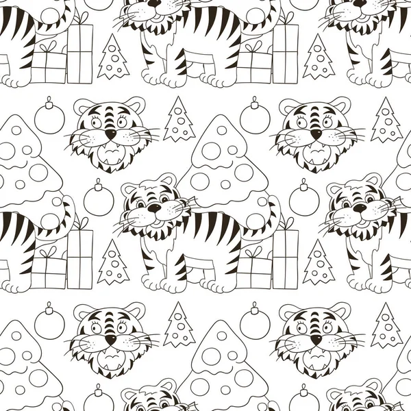 Kaplan 2022 yılı için kusursuz vektör deseni. Kalıplar el çekme tarzında. Kaplan, Noel ağacı, hediyeler. Kumaş, renk, ambalaj vs. için kullanılabilir