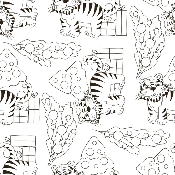 Kaplan 2022 yılı için kusursuz vektör deseni. Şablon. Kaplan, Noel ağacı, hediyeler. Kumaş, renk, ambalaj kağıdı vs. için kullanılabilir