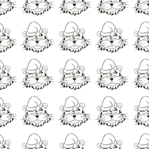 Noel şapkalı kaplanlı kusursuz vektör deseni. Şablon. Yeni yıl 2022. Kaplan Yılı. Kumaş, renk vb. için kullanılabilir