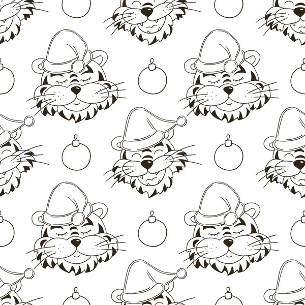 Noel şapkalı kaplanlı kusursuz vektör deseni. Şablon. 2022 yılbaşı tatili. Kaplan Yılı. Kumaş, renk vb. için kullanılabilir