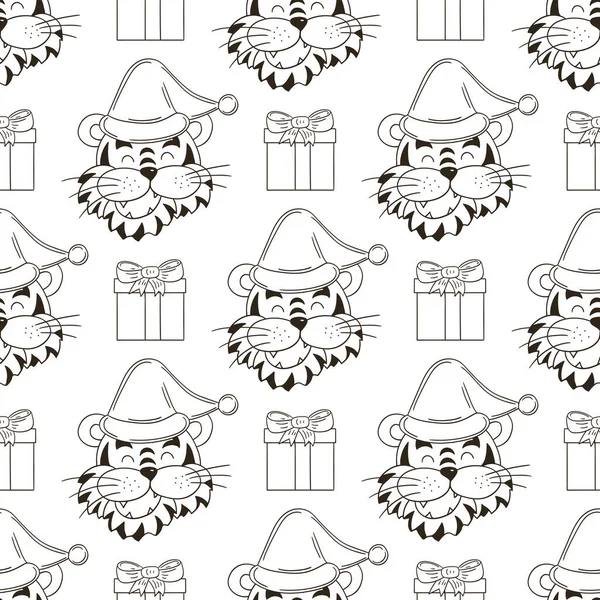 Patrón Vector Sin Costuras Con Cabezas Tigres Sombreros Año Nuevo — Archivo Imágenes Vectoriales