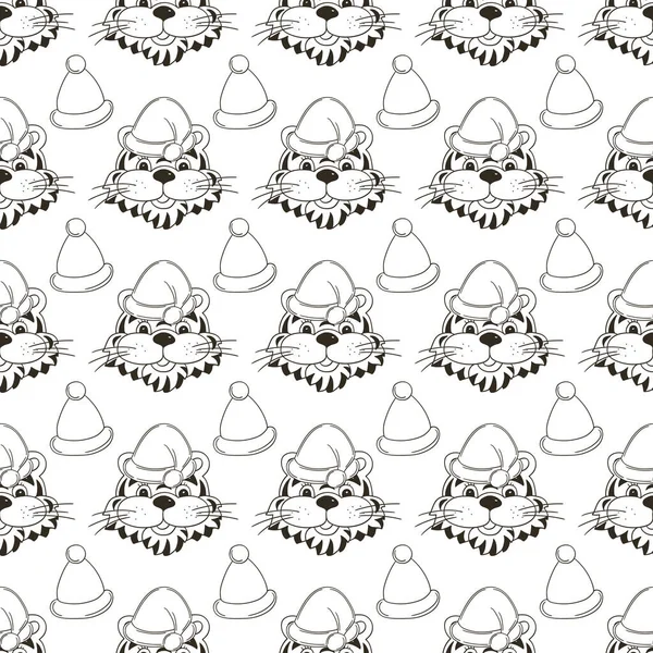 Noel şapkalı kaplanlı kusursuz vektör deseni. Kalıplar el çekme tarzında. 2022 yılbaşı tatili. Kaplan Yılı. Renklendirme için kullanılabilir