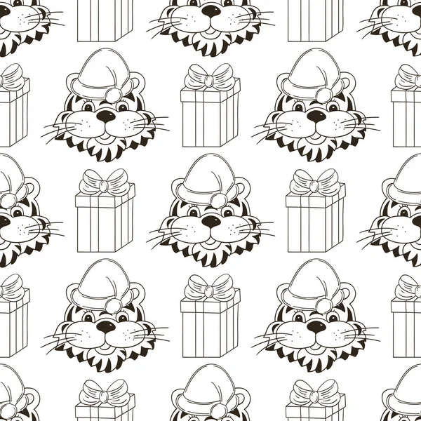 Yeni yıl şapkalarında kaplan kafası olan kusursuz vektör deseni, hediyeler. 2022 yılı kaplanı. Kumaş, renk, ambalaj kağıdı, tekstil vs. için kullanılabilir