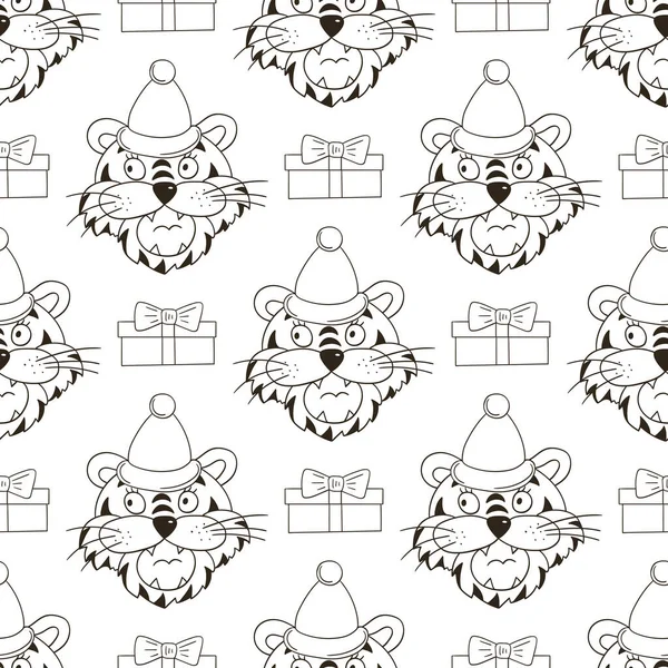 Yeni yıl şapkalarında kaplan kafası olan kusursuz vektör deseni, hediyeler. Kalıplar el çekme tarzında. 2022 yılı kaplanı. Kumaş, renk vb. için kullanılabilir
