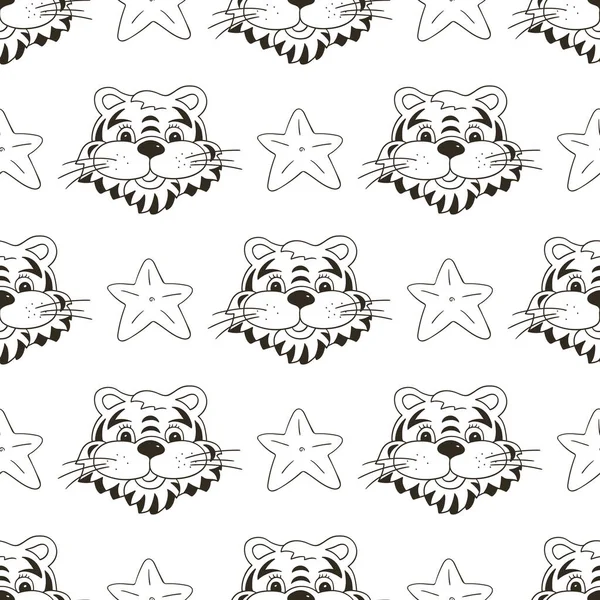 Kaplan başlı, yıldızlı kusursuz vektör deseni. Şablon. 2022 yılı kaplanı. Kumaş, renk, ambalaj kağıdı, tekstil vs. için kullanılabilir