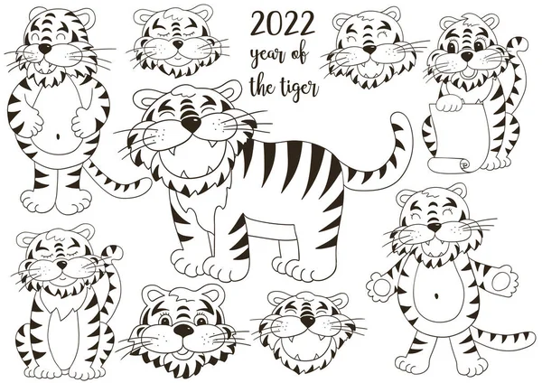 Symbol För 2022 Tigrarnas Ansikten Uppsättning Tigrar Hand Rita Stil — Stock vektor