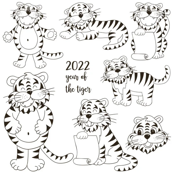 Symbol För 2022 Uppsättning Tigrar Hand Rita Stil Tigrarnas Ansikten — Stock vektor