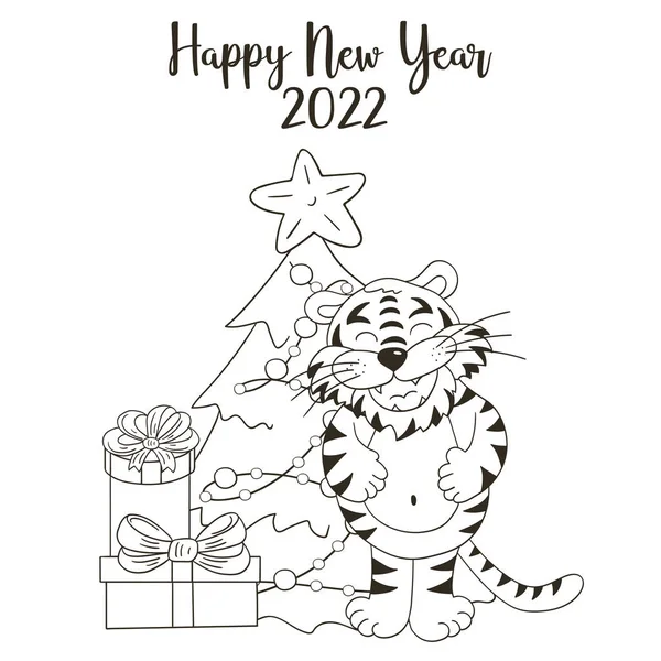 2022 'nin sembolü. Yeni yıl kartı el çizimi tarzında. Noel ağacı, hediyeler, kaplan. 2022 yılı kaplanı. Renklendirme