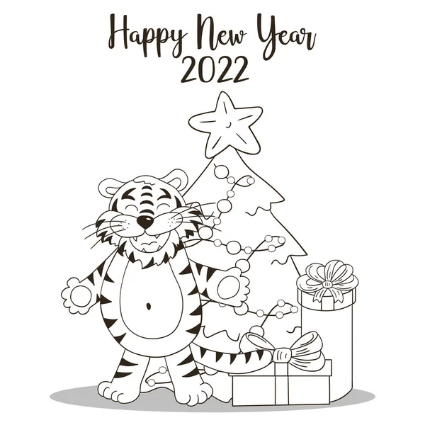 2022 'nin sembolü. Yeni yıl kartı el çizimi tarzında. Noel ağacı, kaplan. 2022 yılı kaplanı. Kartlar, takvimler, el ilanları için renklendirme