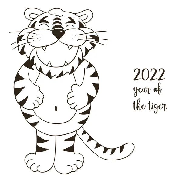 2022 'nin sembolü. Elinde kaplan olan vektör çizimi. Yeni yıl. Neşeli kaplan, ayakta duruyor ve karnına tutunuyor. Renkli hayvan