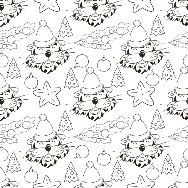 2022 yılı kaplanı. Noel şapkalı kaplan başları ve Noel ağaçlarıyla kusursuz vektör deseni. Kumaş, renk, ambalaj vs. için kullanılabilir