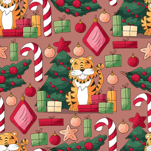 2022 kaplanı için kusursuz pastel desen. Şablon. Kaplan, Noel ağacı, hediyeler, şeker kamışı. Kumaş, ambalaj, tekstil vs. için kullanılabilir