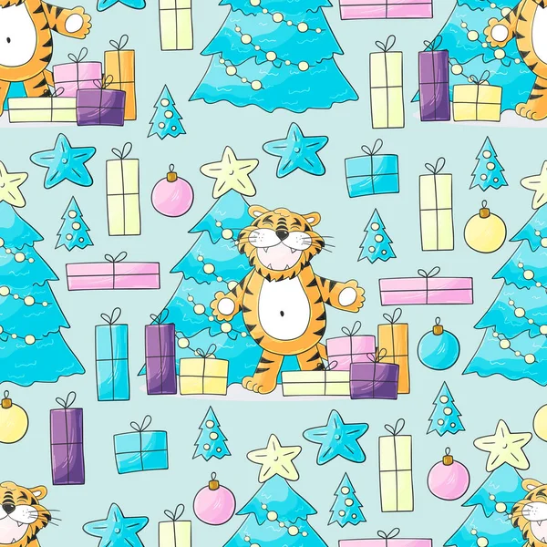 2022 kaplanı için kusursuz pastel desen. Şablon. Kaplan, Noel ağacı, hediyeler, Noel ağacı süslemeleri. Kumaş, ambalaj vesaire için kullanılabilir