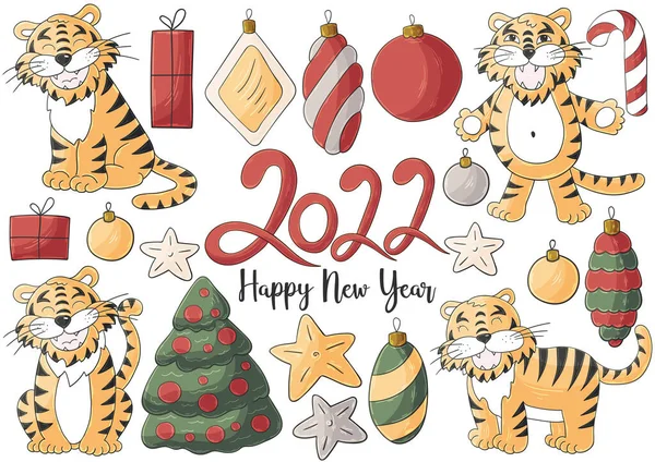 2022 'nin sembolü. Kaplanlar ve yeni yıl unsurları el çizimi tarzında. Koleksiyon pastel çizimleri