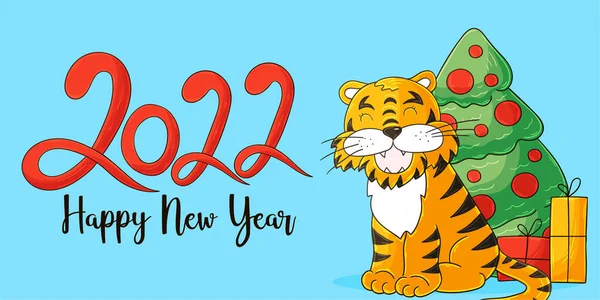 2022 'nin sembolü. Elinde kaplan olan bir vektör kartı. Yeni yıl. Mektup 2022. Kartlar ve takvimler için parlak illüstrasyon