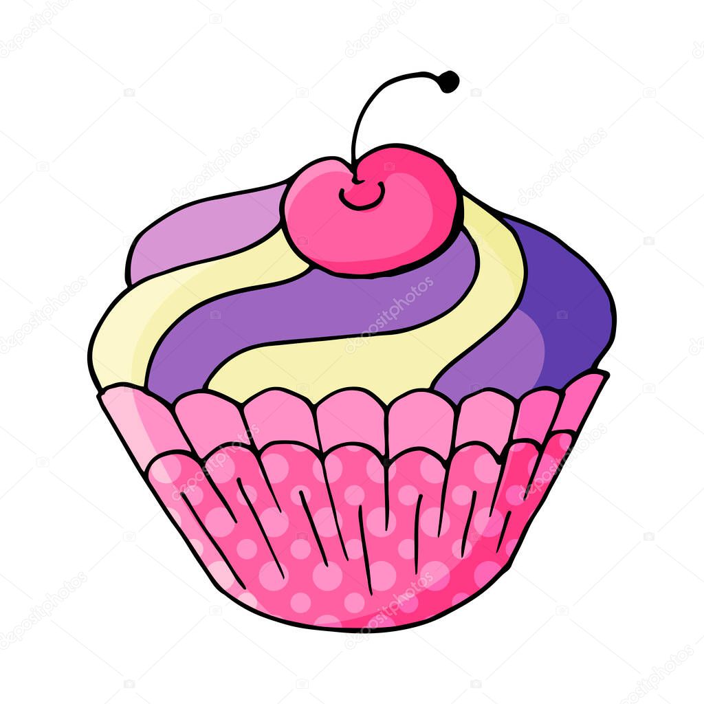 Cupcake icon with cherry, muffin in hand draw style. Vector illustration for your design. Sweet pastries, cute muffin