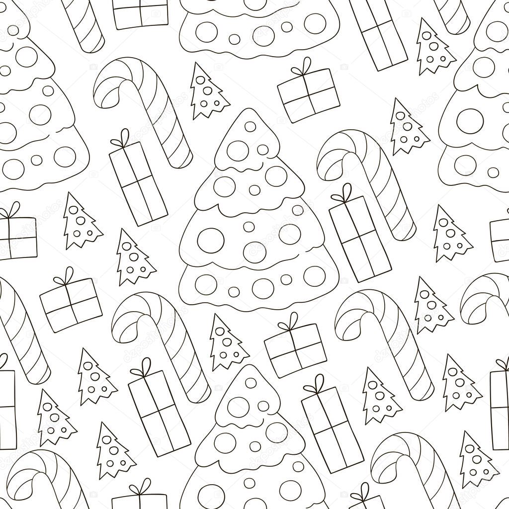 Seamless vector pattern with candy cane, gifts. Coloring. Pattern in hand draw style. Can be used for fabric, packaging, wrapping paper and etc