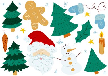 Noel ağacı, kardan adam, zencefilli ekmek. Bir dizi düz çizimler. Kartpostallar, el ilanları, afişler ve iç dekorasyon için tasarım. Rozetler, tabelalar çıkartmalar logolar