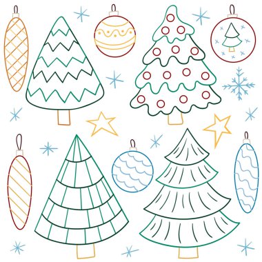 Noel ağacı, Noel ağacı süslemeleri. Bir dizi el yapımı çizimler. El çizimi, renkli taslak. Boyama sayfaları, kartpostallar için tasarım. Rozetler, raptiyeler