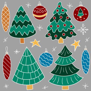 Noel ağacı, Noel ağacı süslemeleri. Gri arkaplanda elle çizilmiş renk çizimleri. Beyaz taslak. Kartpostallar ve afişler için tasarım. Rozetler