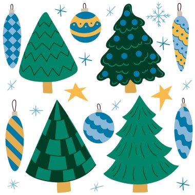Noel ağacı, Noel ağacı süslemeleri. Bir dizi düz çizimler. Kartpostallar, el ilanları, afişler ve iç dekorasyon için tasarım. Rozetler, çıkartmalar.