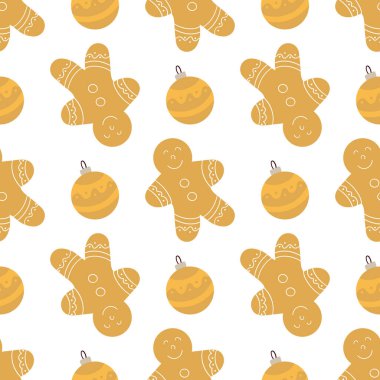 Elle çizilmiş kusursuz bir Noel deseni. Zencefilli çörek, Noel ağacı oyuncakları. Tasarım, tekstil, kumaş, duvar kağıdı, ambalaj kağıdı, dekorasyon