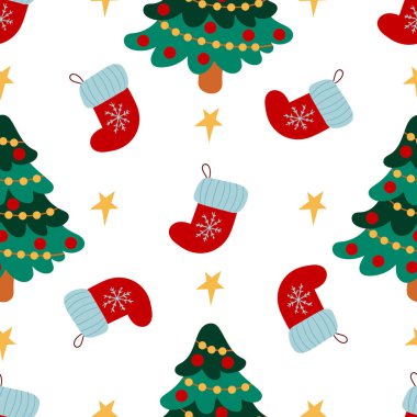 Elle çizilmiş kusursuz bir Noel deseni. Noel ağaçları, Noel çorapları. Tasarım, tekstil, kumaş, duvar kağıdı, ambalaj kağıdı