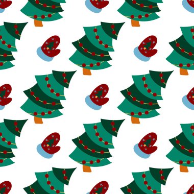 Noel 'in kusursuz deseni elle çizilmiş. Kış eldivenleri, Noel ağaçları. Tasarım için yazdır