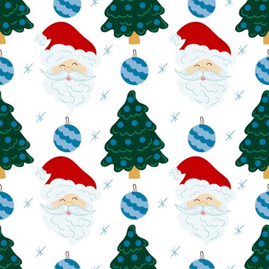 Noel 'in kusursuz deseni elle çizilmiş. Noel Baba, Noel ağacı. Tasarım, tekstil, kumaş, duvar kağıdı, ambalaj kağıdı, dekorasyon vesaire için yazdır