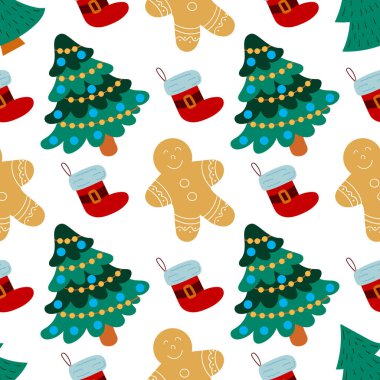 Noel 'in kusursuz deseni elle çizilmiş. Zencefilli çörek, Noel ağacı. Tasarım, tekstil, kumaş, duvar kağıdı, ambalaj kağıdı