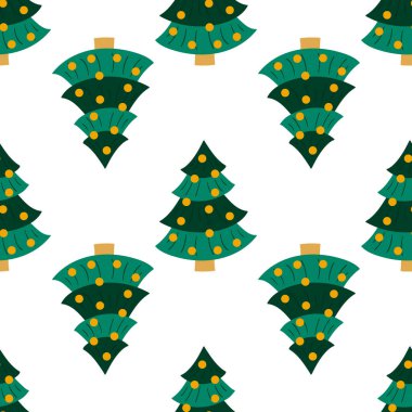 Noel 'in kusursuz deseni elle çizilmiş. Noel ağaçları, altın madalyalar. Tasarım, tekstil, kumaş, duvar kağıdı, ambalaj için yazdır