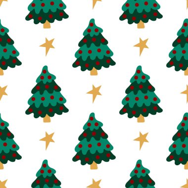 Noel 'in kusursuz deseni elle çizilmiş. Noel ağaçları, dekorasyonlar. Tasarım, tekstil, kumaş, duvar kağıdı, ambalaj kağıdı, dekorasyon vesaire için yazdır