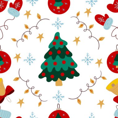 Noel 'in kusursuz deseni elle çizilmiş. Noel ağaçları, Noel süslemeleri. Tasarım, tekstil, kumaş, duvar kağıdı, ambalaj kağıdı