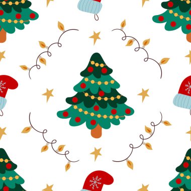 Noel 'in kusursuz deseni elle çizilmiş. Noel ağaçları, Noel süslemeleri. Tasarım, tekstil, kumaş, duvar kağıdı, ambalaj kağıdı, dekorasyon vesaire için yazdır