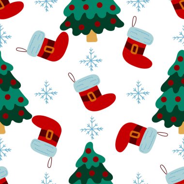 Noel 'in kusursuz deseni elle çizilmiş. Noel çorapları, Noel ağaçları. Tasarım ve tekstil için yazdır