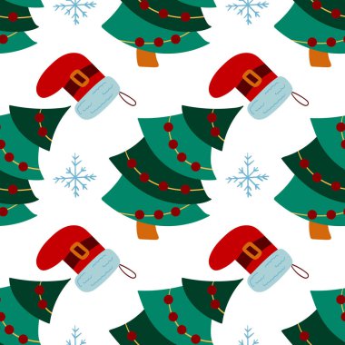 Noel 'in kusursuz deseni elle çizilmiş. Noel çorapları, Noel ağaçları. Tasarım, tekstil, kumaş, duvar kağıdı için yazdır