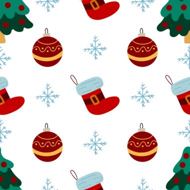 Noel 'in kusursuz deseni elle çizilmiş. Noel çorapları, Noel ağaçları. Tasarım, tekstil, kumaş için yazdır