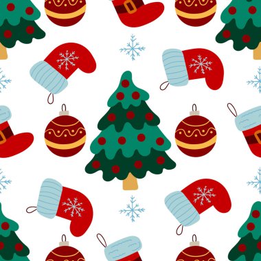 Noel 'in kusursuz deseni elle çizilmiş. Noel çorapları, Noel ağaçları. Tasarım, tekstil, kumaş, duvar kağıdı, ambalaj kağıdı, dekorasyon