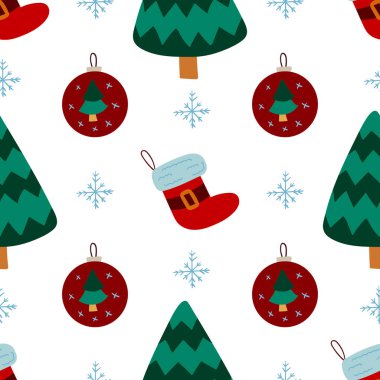 Noel 'in kusursuz deseni elle çizilmiş. Noel çorapları, Noel ağaçları. Tasarım, tekstil, kumaş, duvar kağıdı, ambalaj kağıdı, dekorasyon vesaire için yazdır