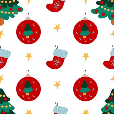 Noel 'in kusursuz deseni elle çizilmiş. Noel stoğu, Noel oyuncakları. Tasarım, tekstil, kumaş, duvar kağıdı, ambalaj için yazdır
