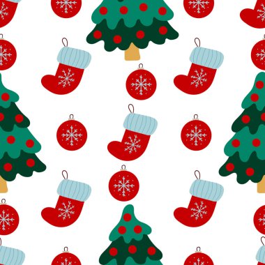 Noel 'in kusursuz deseni elle çizilmiş. Noel stoğu, Noel oyuncakları. Tasarım, tekstil, kumaş, duvar kağıdı, ambalaj kağıdı