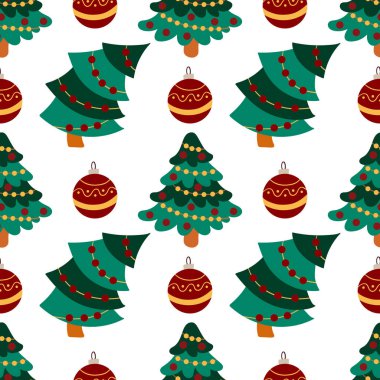 Noel 'in kusursuz çizim şekli. Noel ağaçları, Noel ağacı topları. Tasarım, tekstil, kumaş, duvar kağıdı, ambalaj kağıdı, dekorasyon vesaire için yazdır